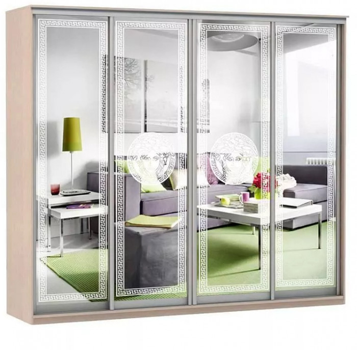 Шкаф купе Модерн 2362х600 4-х дверный 3-х секционный зеркальный с пескоструем №1 ясень