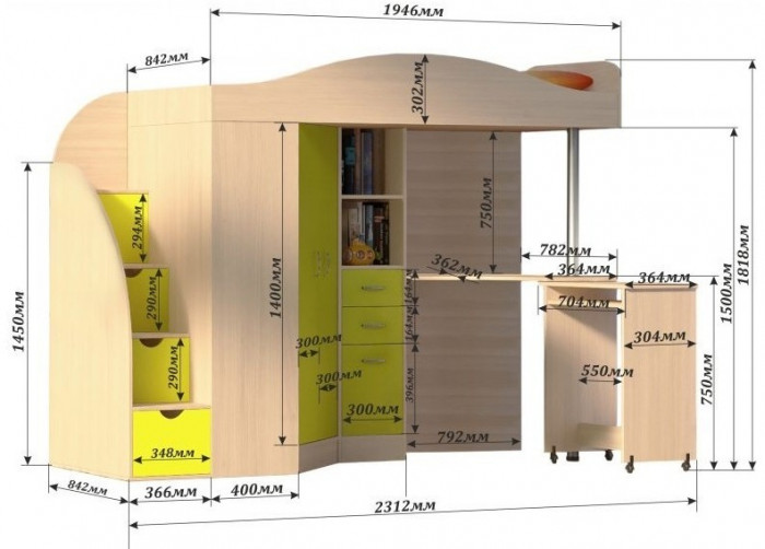 Кровать-чердак Юниор 4 (Ясень Анкор Темный/Лайм)