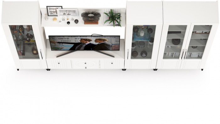 Валенсия Гостиная № 068, цвет ЛДСП белый шагрень/МДФ белый шагрень, ШхГхВ 327,2х38,3х225,2 см., ниша для ТВ 133х38х117 см., универсальная сборка