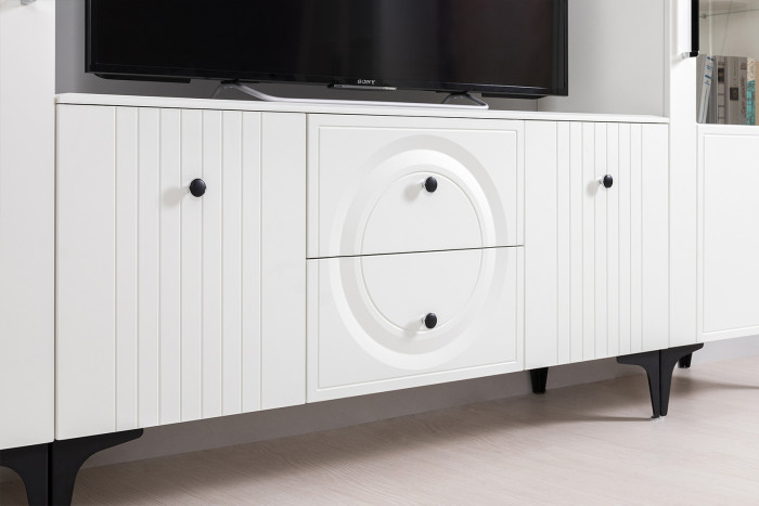 Валенсия Гостиная № 068, цвет ЛДСП белый шагрень/МДФ белый шагрень, ШхГхВ 327,2х38,3х225,2 см., ниша для ТВ 133х38х117 см., универсальная сборка