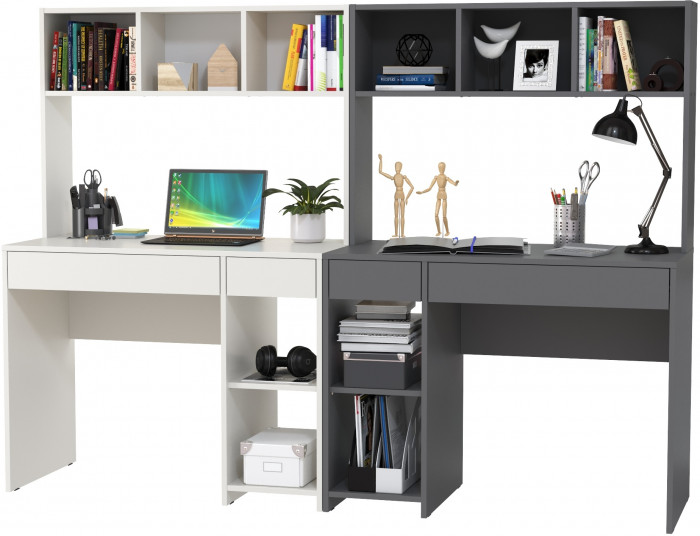 Стол компьютерный Комфорт 12.77F + Стол компьютерный Комфорт 12.77F, цвет белый шагрень/тёмно-серый, ШхГхВ 200х49,8х147 см., универсальная сборка