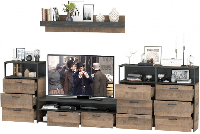 Трувор Гостиная 107, цвет дуб гранж песочный/интра, ШхГхВ 347,8х45,4х195 см., универсальная сборка