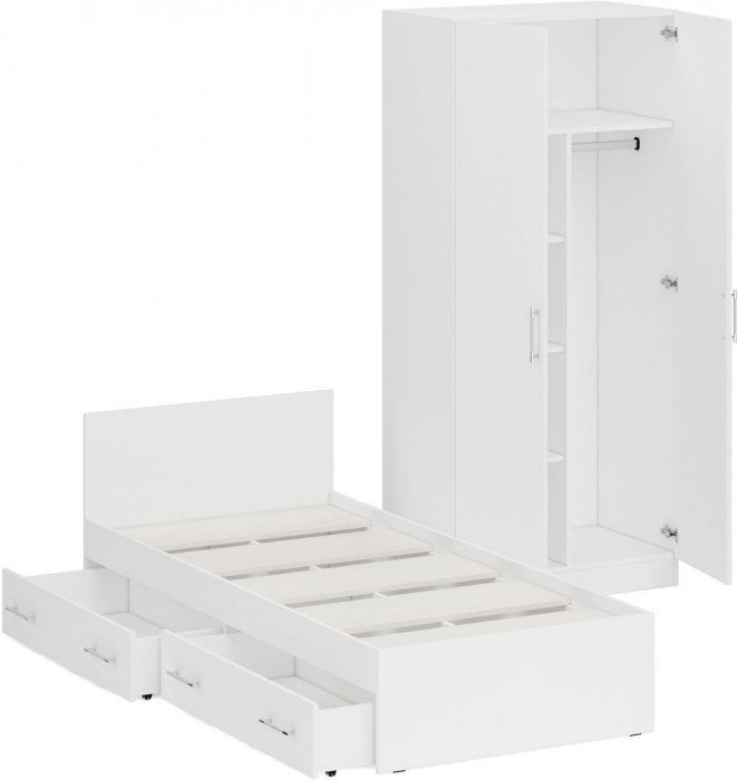 Кровать с ящиками 0900 + Шкаф 2-х створчатый Стандарт, цвет белый, ШхГхВ 93,5х203,5х70 + 90х52х200 см., сп.м. 900х2000 мм., б/м, основание есть