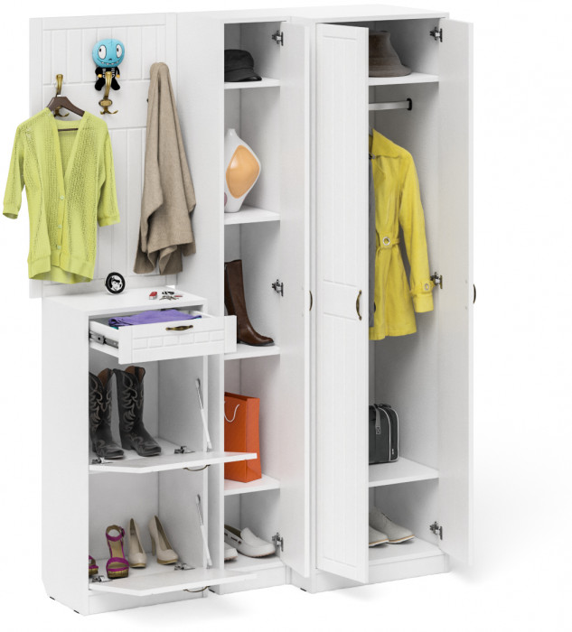 Прихожая П-6 Компоновка № 30, цвет белая шагрень/фасады МДФ белое дерево фрезеровка прованс, ШхГхВ 150х50х210 см., универсальная сборка