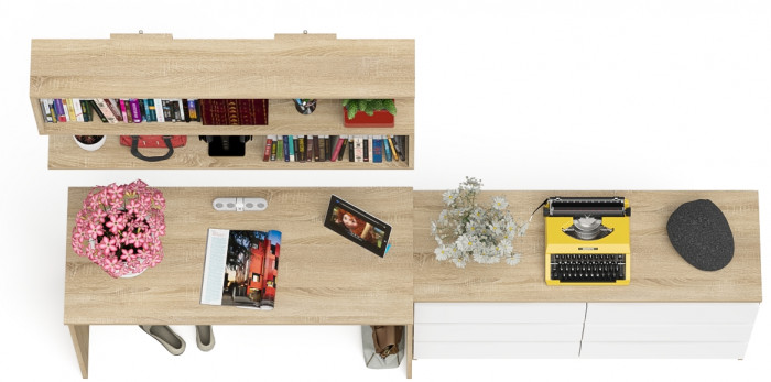 Мори Стол письменный МСП1200.1 + Комод МК1200.6 + Полка 1200, цвет дуб сонома/белый, ШхГхВ 240,8х50х209,6 см., универсальная сборка