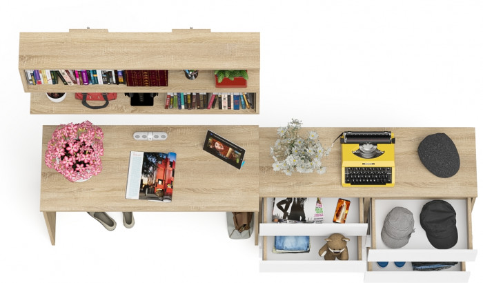 Мори Стол письменный МСП1200.1 + Комод МК1200.6 + Полка 1200, цвет дуб сонома/белый, ШхГхВ 240,8х50х209,6 см., универсальная сборка