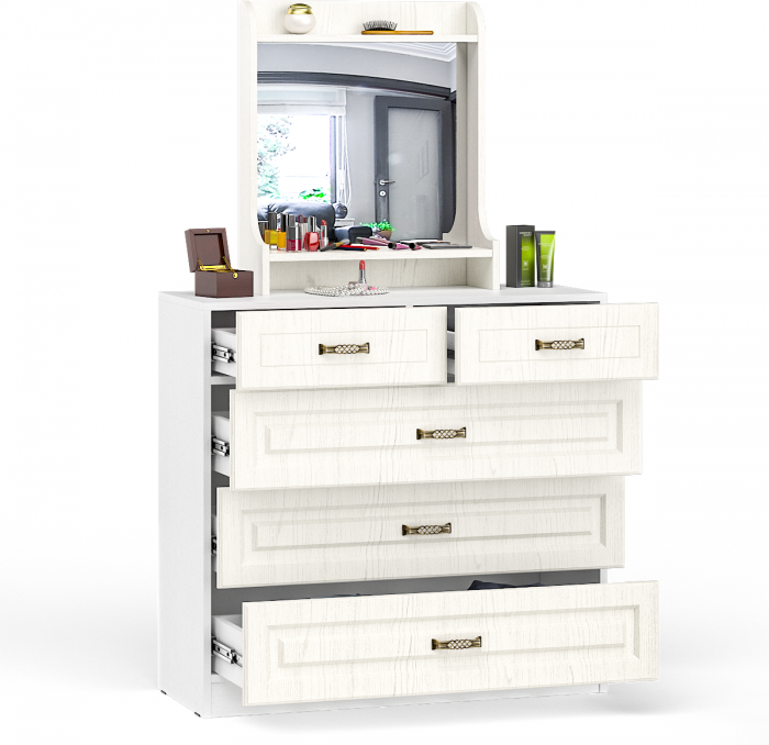 Ливерпуль Комод 10.103 + Полка 10.118 с зеркалом, цвет ясень ваниль/белый, ШхГхВ 100,1х41,3х165,3 см.