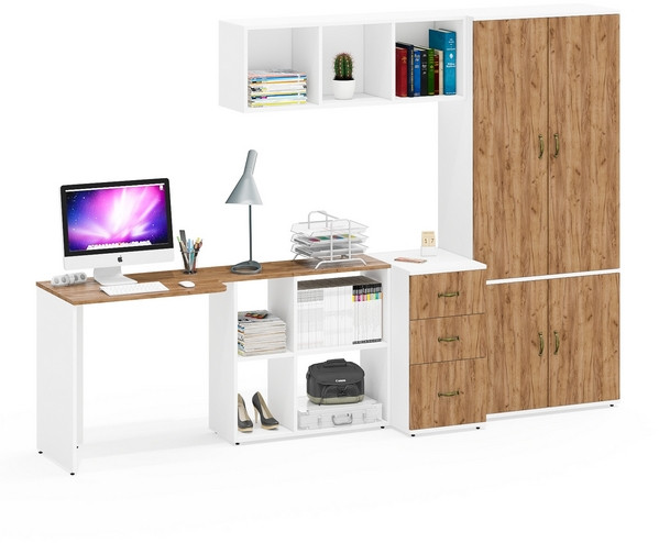 Лидер-8 Стол + Полка + Тумба МД 3.16 + Шкаф МД 20Б, цвет белый шагрень/крафт золото, ШхГхВ 285х50/37,5х75/190 или 115х200/50х75/190 см., НЕ ун. сб.