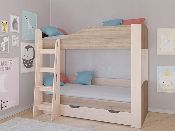 Кровать двухъярусная АСТРА 2 Дуб молочный/Сонома с ящиком