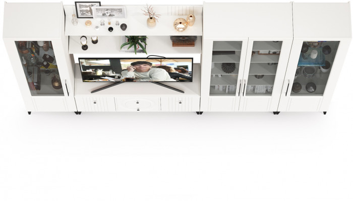 Валенсия Гостиная № 070, цвет ЛДСП белый шагрень/МДФ белый шагрень, ШхГхВ 327,2х38,3х225,2 см., ниша для ТВ 133х38х117 см., универсальная сборка