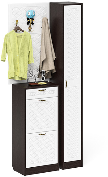 Прихожая П-6 Компоновка № 24, цвет венге/фасады МДФ белое дерево фрезеровка ромб, ШхГхВ 90х35х210 см., универсальная сборка