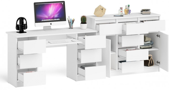 Мори Стол компьютерный МС-2 + Комод МК1200.4, цвет белый, ШхГхВ 255,8х50х94 см., универсальная сборка