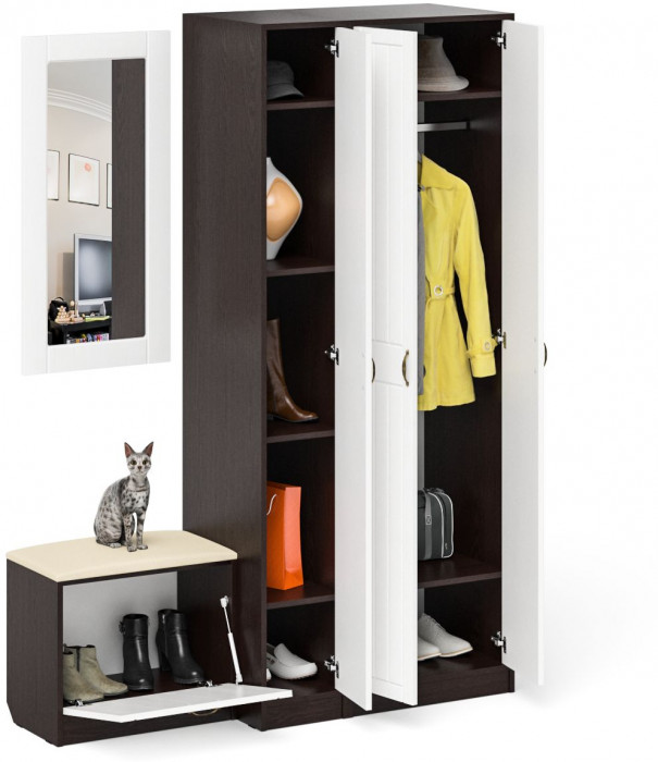 Прихожая П-6 Компоновка № 46, цвет венге/фасады МДФ белое дерево фрезеровка прованс, ШхГхВ 150х50х210 см., универсальная сборка