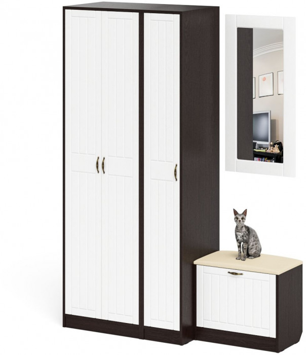 Прихожая П-6 Компоновка № 46, цвет венге/фасады МДФ белое дерево фрезеровка прованс, ШхГхВ 150х50х210 см., универсальная сборка