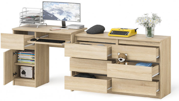 Мори Стол компьютерный МС-1 левый + Комод МК1200.6, цвет дуб сонома, ШхГхВ 210,4х50х76,6 см., выдвижной ящик слева, НЕ универсальная сборка