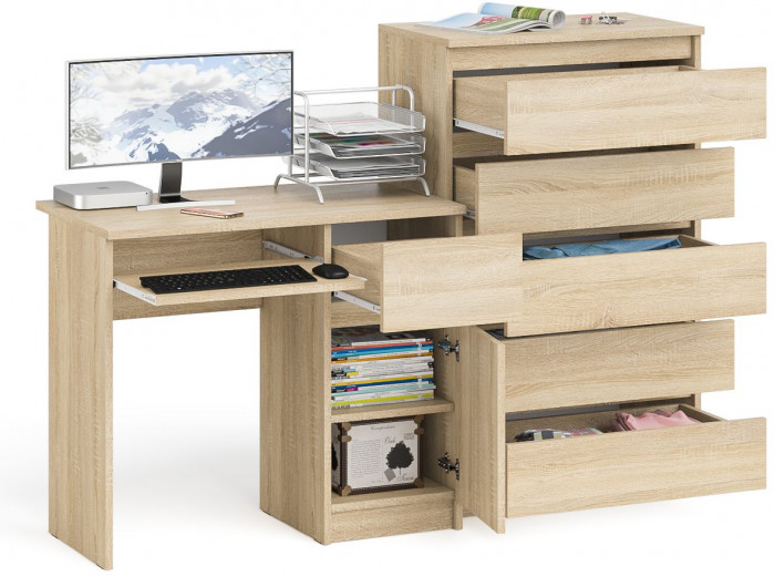 Мори Стол компьютерный МС-1 правый + Комод МК700.5, цвет дуб сонома, ШхГхВ 160,4х50х114 см., выдвижной ящик справа, НЕ универсальная сборка