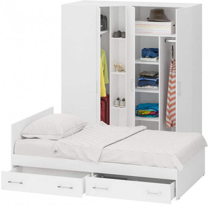 Спальня Стандарт 2-1200Я, цвет белый, ШхГхВ 123,5х203,5х70 + 171,2х81,2х200 см., сп.м. 1200х2000 мм., без матраса, основание есть