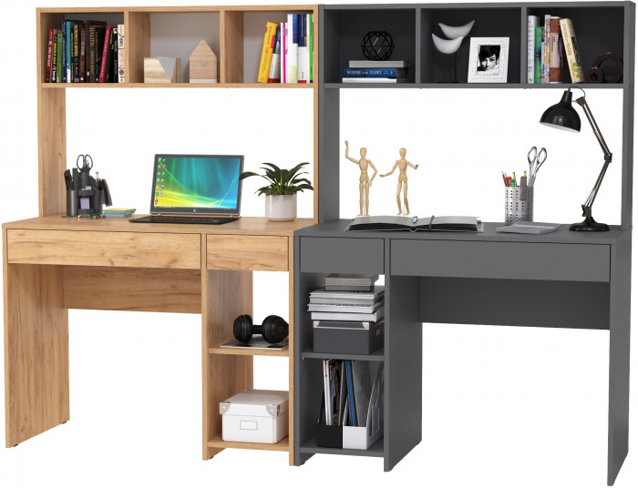 Стол компьютерный Комфорт 12.77F + Стол компьютерный Комфорт 12.77F, цвет дуб крафт золотой/тёмно-серый, ШхГхВ 200х49,8х147 см., универсальная сборка