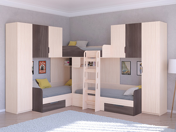 Трехместная кровать ТРИО/3 Дуб молочный/Дуб Шамони