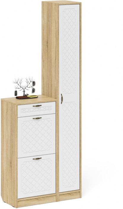 Прихожая П-6 Компоновка № 22, цвет дуб сонома/фасады МДФ белое дерево фрезеровка ромб, ШхГхВ 80х35х210 см., универсальная сборка