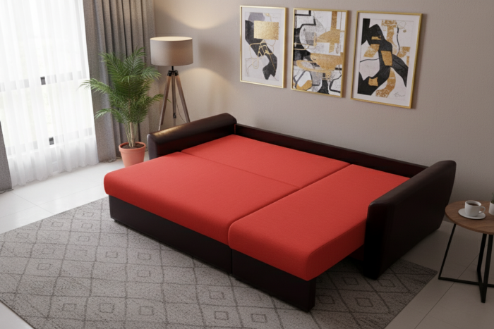 Диван-еврокнижка угловой Амстердам, 150х200, рогожка/экокожа красный