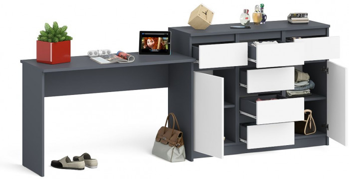 Мори Стол письменный МСП1200.1 + Комод МК1200.4, цвет графит/белый, ШхГхВ 240,8х50х94 см., универсальная сборка