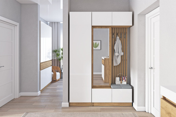 Модульная Прихожая Иннэс-10, набор 1, Дуб крафт золотой/Белый глянец