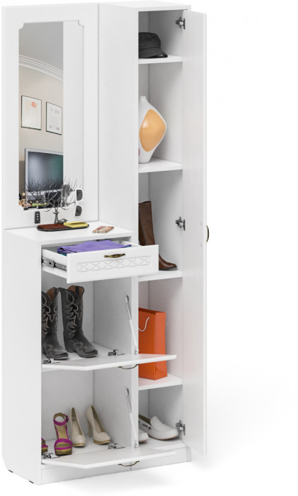 Прихожая П-6 Компоновка № 23, цвет белая шагрень/фасады МДФ белое дерево фрезеровка ромб, ШхГхВ 80х35х210 см., универсальная сборка