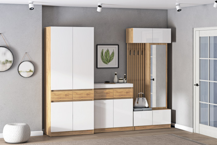 Модульная Прихожая Иннэс-10, набор 2, Дуб крафт золотой/Белый глянец