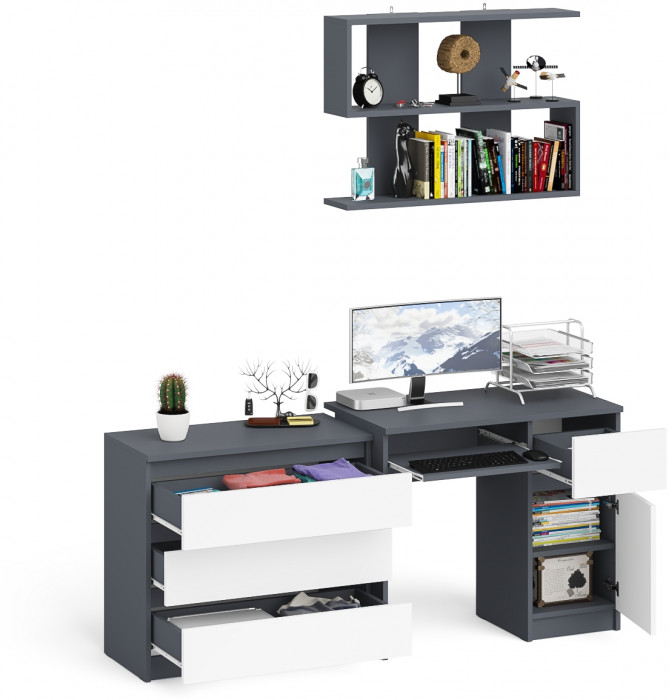 Мори Стол компьютерный МС-1 правый + Комод МК800.1 + Полка 900, цвет графит/белый, ШхГхВ 170,4х50х209,6 см., НЕ универсальная сборка