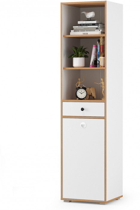 Вуди 13.146 Стеллаж, цвет белый премиум/дуб крафт золотой, ШхГхВ 45х40,2х180,3 см., универсальная сборка