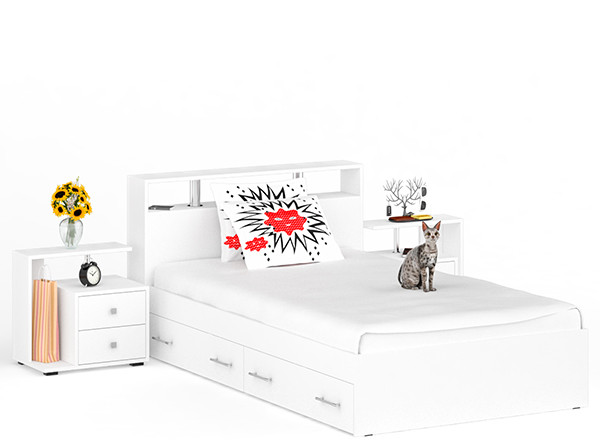 Камелия Кровать с ящиками 1200 + две тумбы, цвет белый, ШхГхВ 236х217х78,2 см., сп.м. 1200х2000 мм., без матраса, основание есть