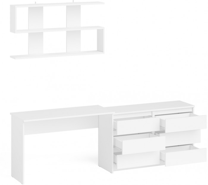 Мори Стол письменный МСП1200.1 + Комод МК1200.6 + Полка 1200, цвет белый, ШхГхВ 240,8х50х209,6 см., универсальная сборка