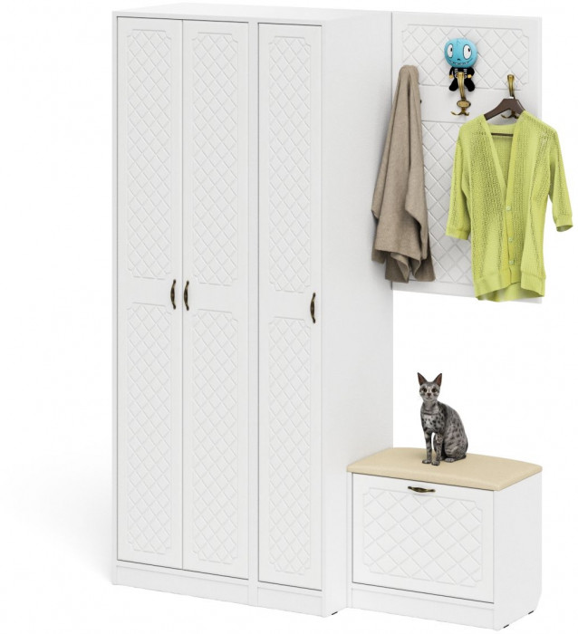 Прихожая П-6 Компоновка № 47, цвет белая шагрень/фасады МДФ белое дерево фрезеровка ромб, ШхГхВ 150х50х210 см., универсальная сборка