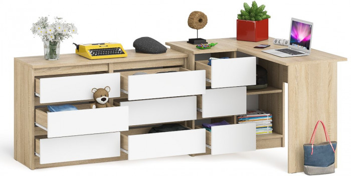 Мори Стол компьютерный МС-16 левый + Комод МК1200.6, цвет дуб сонома/белый, ШхГхВ 244,8х84,9х76,6 см., выдвижные ящики слев, НЕ универсальная сборкаа