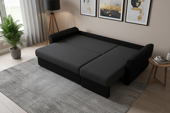 Диван-еврокнижка угловой Амстердам, 150х200, рогожка/экокожа черный