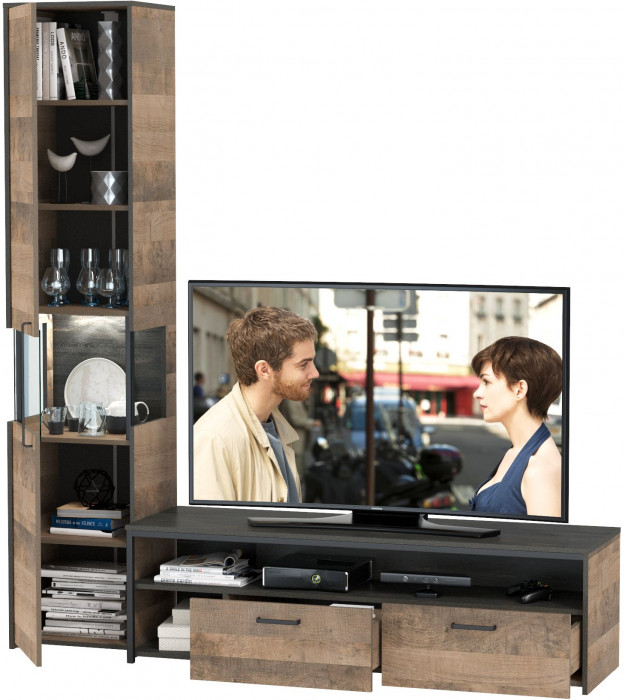 Трувор 13.70 Тумба под ТВ + 13.205 Шкаф-пенал с витриной, цвет дуб гранж песочный/интра, ШхГхВ 194,6х45,4х210 см., универсальная сборка