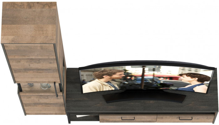 Трувор 13.70 Тумба под ТВ + 13.205 Шкаф-пенал с витриной, цвет дуб гранж песочный/интра, ШхГхВ 194,6х45,4х210 см., универсальная сборка