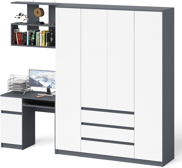 Мори Стол компьютерный МС-1 левый + Шкаф МШ1600.1 + Полка 900, цвет графит/белый, ШхГхВ 250,4х50,4х209,6 см., НЕ универсальная сборка