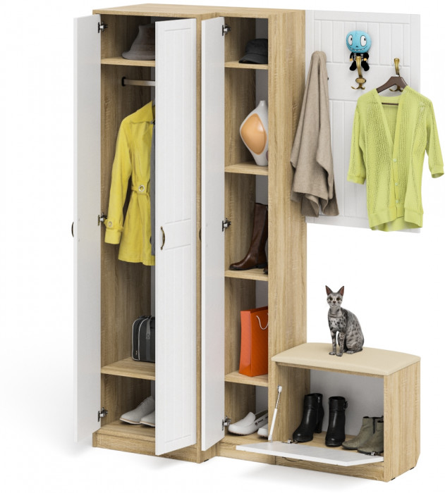 Прихожая П-6 Компоновка № 27, цвет дуб сонома/фасады МДФ белое дерево фрезеровка прованс, ШхГхВ 150х50х210 см., универсальная сборка