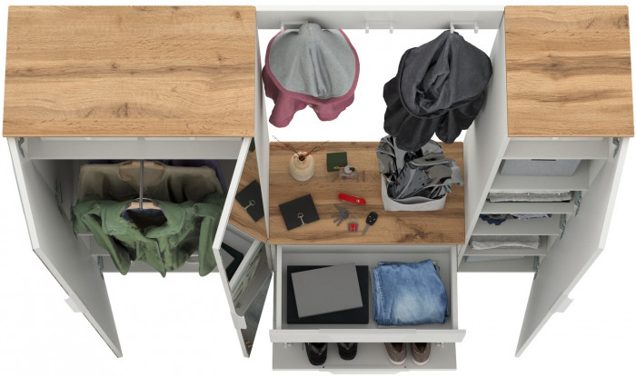 Октава Прихожая 23, цвет белый шагрень/дуб крафт золотой/фасады МДФ белый шагрень, ШхГхВ 161,5х35,4х197,6 см., универсальная сборка