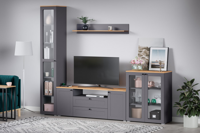 Остин 16.394.03 Шкаф-витрина(пенал), цвет серый графит/дуб крафт золотой, ШхГхВ 40х41,8х229,8 см., универсальная сборка