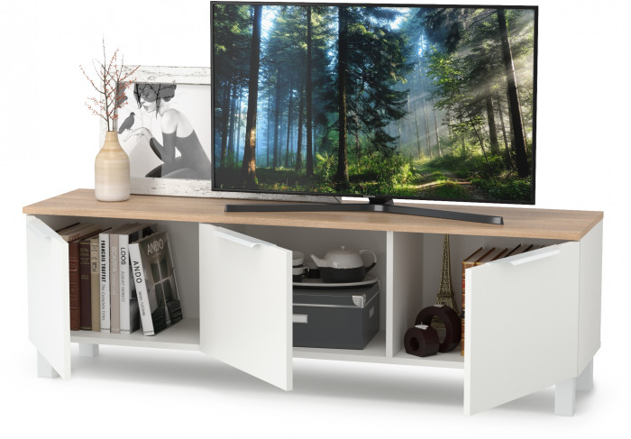 КР100 Тумба под ТВ 13.267.01, цвет белый шагрень/дуб сонома, ШхГхВ 138,4х34,9х43,8 см., универсальная сборка (100)