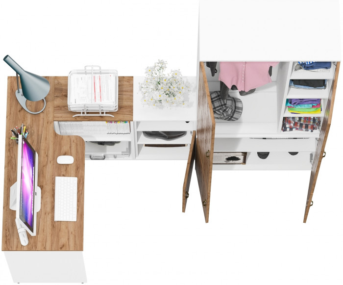 Лидер-8 Стол + Тумба МД 3.19 + Шкаф МД 20Б, цвет белый шагрень/крафт золото, ШхГхВ 285х50/37,5х75/190 или 115х200/50х75/190 см., НЕ ун. сборка