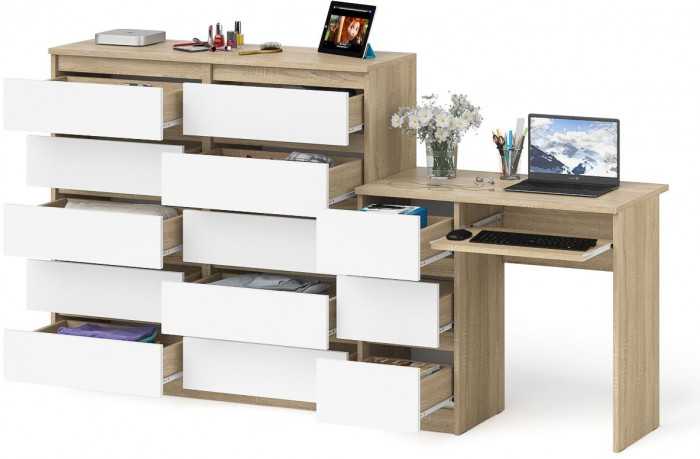 Мори Стол компьютерный МС-6 левый + Комод МК1200.10, цвет дуб сонома/белый, ШхГхВ 210,4х50х115 см., выдвижные ящики слева, НЕ универсальная сборка