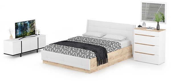 Муссон Кровать 11.28 + под. ортопед + 13.97 + Зеркало СВК + Тумба ТВ 13.276, цвет белый/чёрный/дуб эндгрейн элегантный/кожзам белый, 1600х2000 мм, б/м