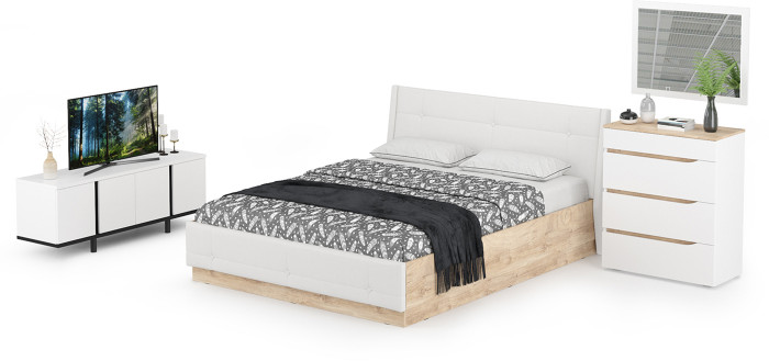 Муссон Кровать 11.28 + под. ортопед + 13.97 + Зеркало СВК + Тумба ТВ 13.276, цвет белый/чёрный/дуб эндгрейн элегантный/кожзам белый, 1600х2000 мм, б/м