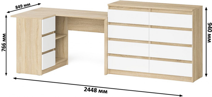 Мори Стол компьютерный МС-16 левый + Комод МК1200.8, цвет дуб сонома/белый, ШхГхВ 244,8х84,9х94 см., выдвижные ящики слев, НЕ универсальная сборкаа
