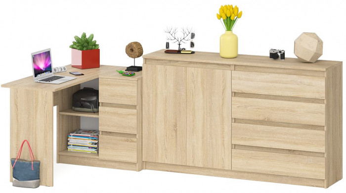 Мори Стол компьютерный МС-16 правый + Комод МК1600.1, цвет дуб сонома, ШхГхВ 284,8х84,9х94 см., выдвижные ящики справа, НЕ универсальная сборка