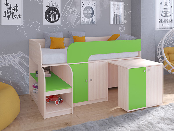 Кровать чердак Астра 9 V8 Дуб молочный/Салатовый